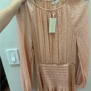 Ramy Brook Crinkled Long Sleeve Midi Dress in Blush Peach